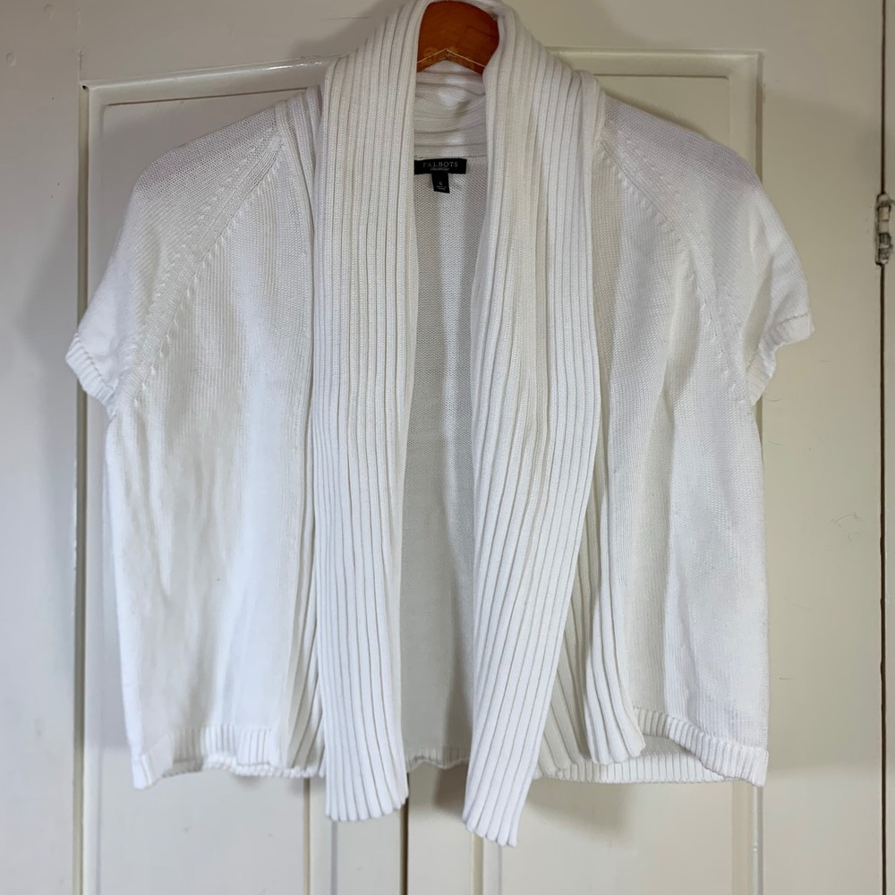 Talbots White Mercerized Cotton Short Sleeve Shawl Collar Cardigan Sweater S